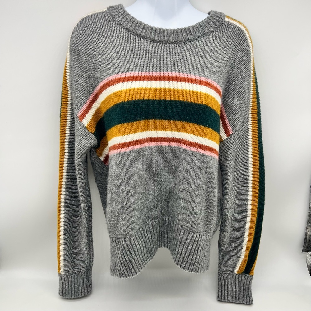Madewell Unisex Gray and Yellow Crew Neck Sweater with Retro Stripes-Size S